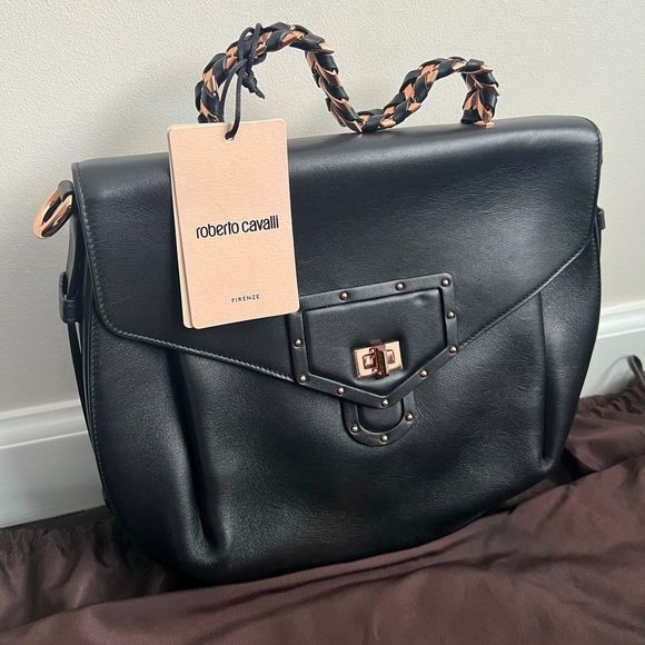 Roberto Cavalli Medium Black Leather Handbag NWT $1495 - Picture 3 of 14